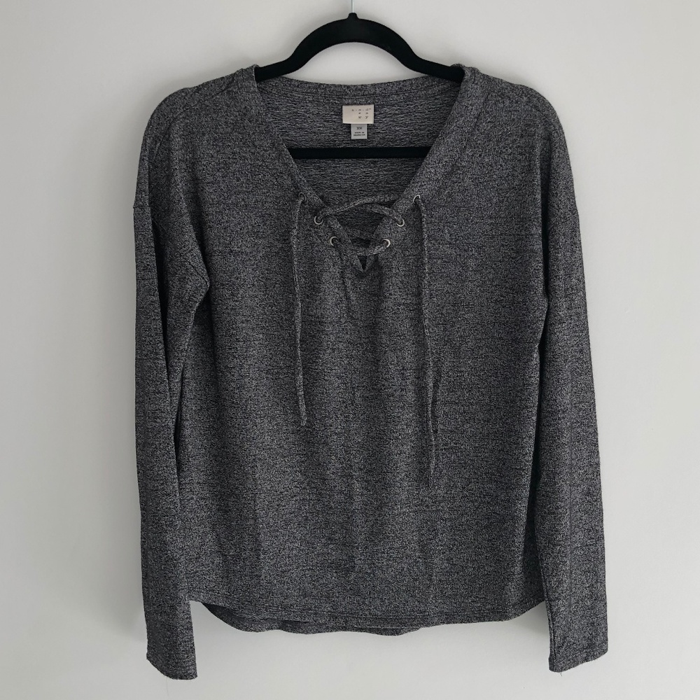 Long Sleeved Heather Grey Top with Lace Up Front